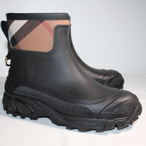 NWOB Burberry House Check Pull On Rubber Rain Bootie Boots 37 - Picture 1 of 8